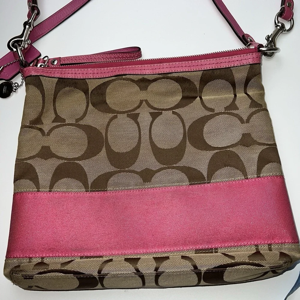Coach Pink Beige Tan Signature Stripe Convertible Shoulder Bag